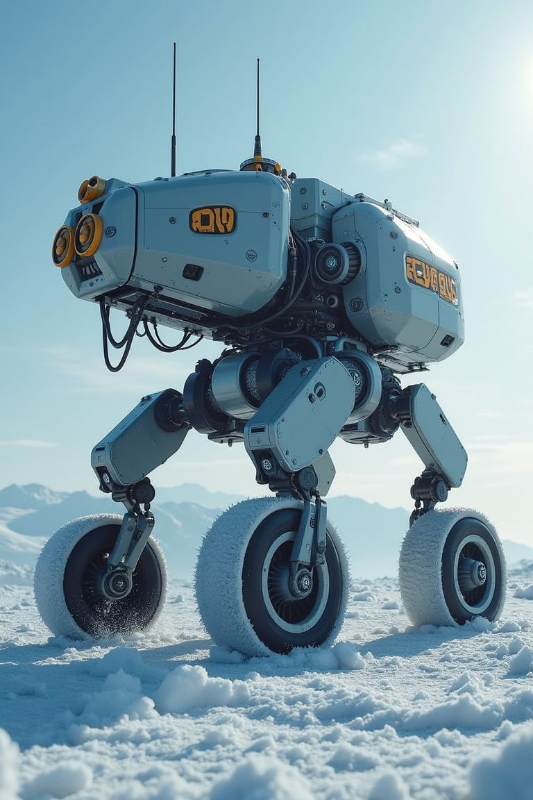 A robotic explorer designed specifically for Neptune’s surface, with a bulky, multi-legged chassis built to anchor itself against the planet’s extreme winds and icy terrain. Its segmented, armored body is made of high-durability alloys, resistant to freezing temperatures and intense atmospheric pressure. The robot has no humanoid features, instead featuring a rotating sensor array and telescopic limbs that extend to probe the icy ground and analyze the methane-laden atmosphere. Its large, reinforced treads allow it to move steadily across the frozen surface, while massive turbine-like fans help it stabilize against the gale-force winds.