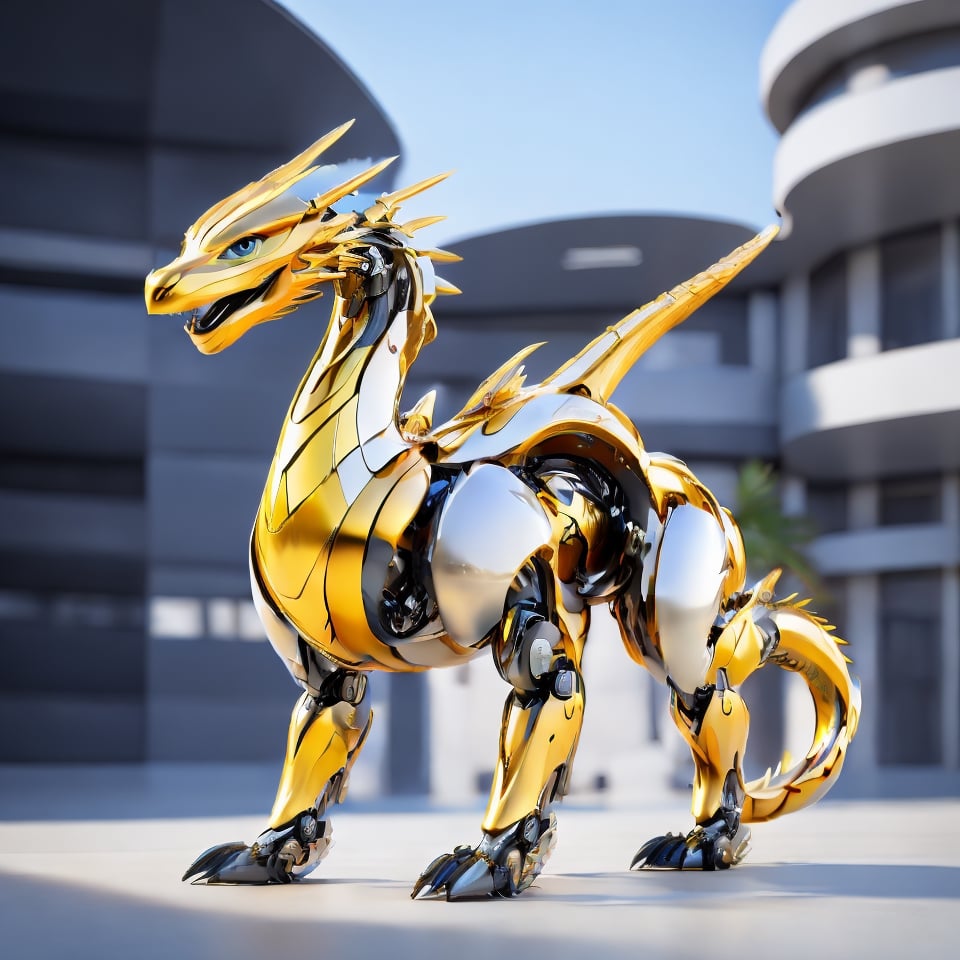 An amicable-looking robotic dragon,  designed with futuristic,  blue,  sleek metallic detailing,  referencing futuristic concept art by US company., 3d style,Enhance,Metallic Dragon,Wonder of Art and Beauty