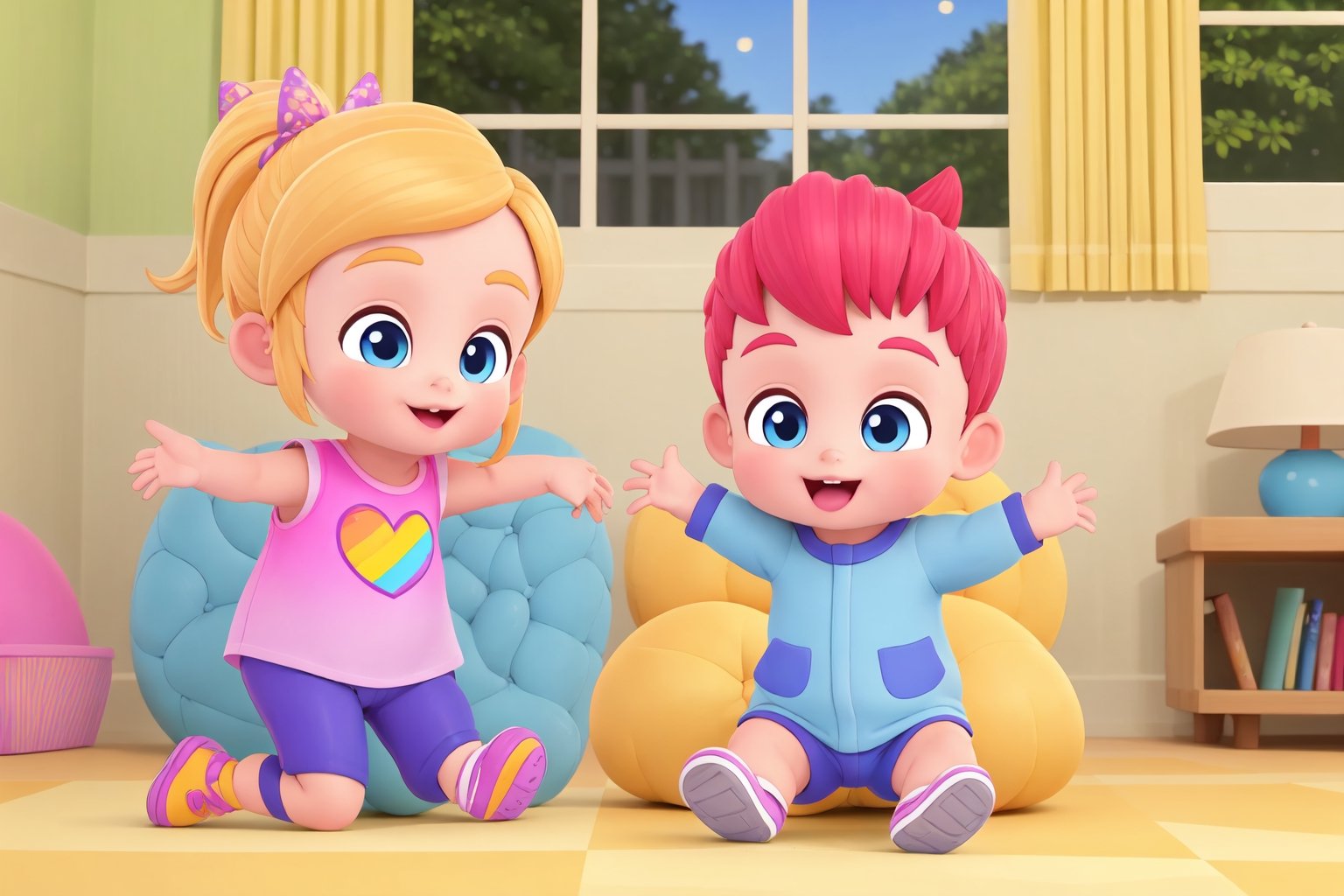 best quality, masterpiece, full hd, happy, netflix cartoon, Bebefinn Style; 
There Are 2 characters and they are playing together in living room:
Character #1: a girl kid, blonde long hair, about 7yo. She is sister and wearing a dress.
Character #2: a baby boy, pink hair, about 3yo, wears blue clothes, holding a dog puppet.