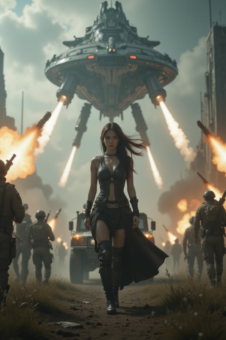 Capture a breathtaking 8K cinematic scene of a young female warrior standing confidently amidst a dark fantasy landscape. In the background, a Humvee with machineguns mounted fires missiles at an array of alien spaceships, their white trails streaking across the sky. The warrior, dressed in worn-leather armor and flowing long hair, walks suavely amidst the chaos, her dynamic posture exuding strength and determination. Surrounding her, soldiers fervently fire into the sky, while the dark skies above remain shrouded in minimal skylight. In the distance, the alien mothership looms large, an intricate masterpiece of detail and texture. The overall mood is one of intense action and high-stakes drama, with a focus on the warrior's bold stance against an otherworldly threat.