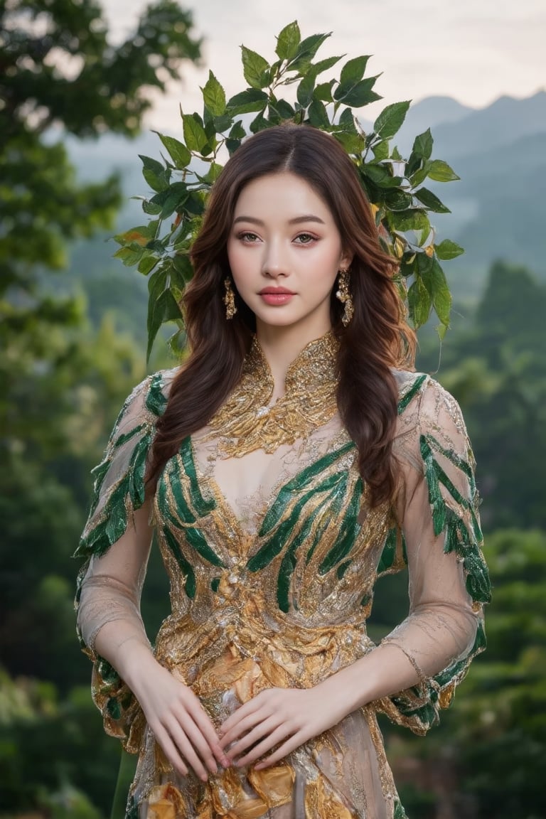 The image content is of a person, and the task is to annotate it by describing the objects and features present. The main object is the woman who is the central figure in the photograph. She is wearing a dress made of green leaves, which is a notable feature indicating either a costume or a thematic choice for the photo shoot. The background is composed of trees and foliage, suggesting that the setting is an outdoor environment, likely a forest or a wooded area. The lighting appears natural, possibly filtered through the canopy above, which adds to the serene and naturalistic feel of the image. There are no other discernible objects or individuals in the immediate vicinity, placing the focus solely on the woman and her interaction with the environment.