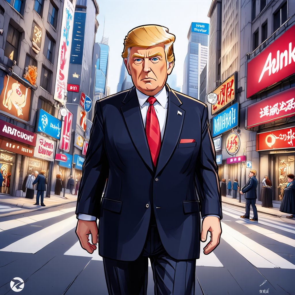 Donald Trump in a luxurious suit, carefully combed hair, and extremely confident face is walking on the streets of New York, Cartoon