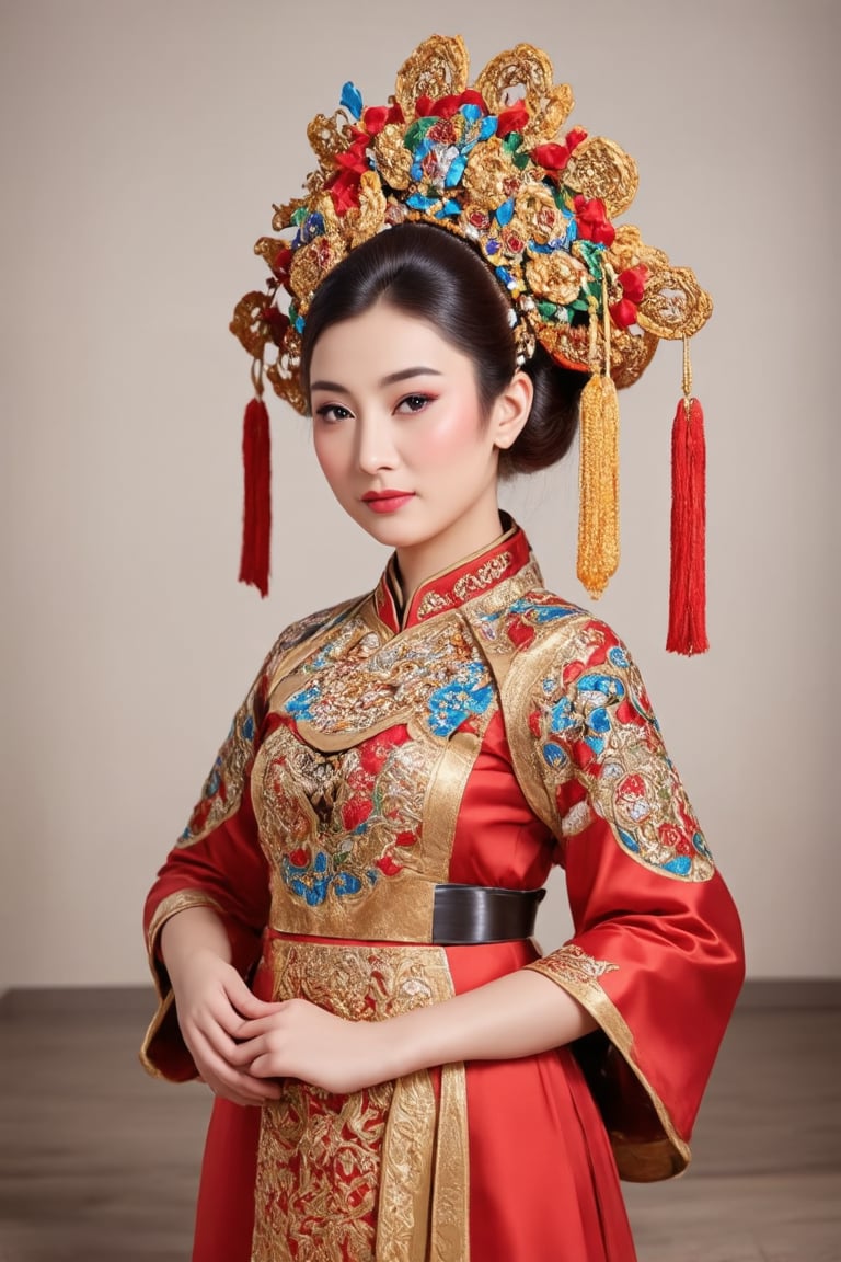 The image is a portrait of a person wearing traditional Chinese attire. The clothing and headdress suggest a historical or cultural context, possibly indicating a role in a performance or a ceremonial dress. The person's pose and the style of the dress imply a sense of grace and elegance. The background is subdued, which serves to highlight the subject. The use of natural light adds to the serene atmosphere of the photograph.