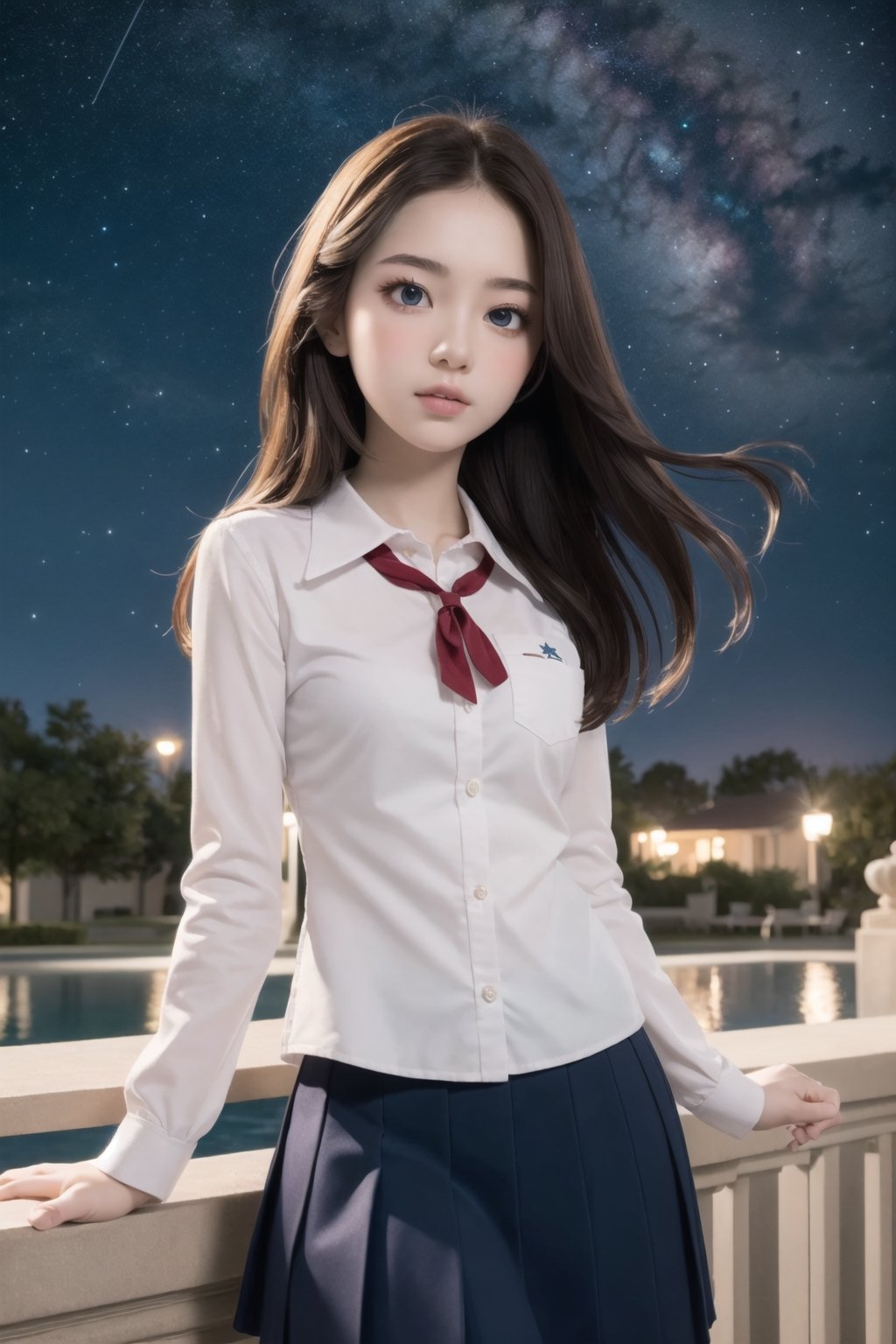 masterpiece, best quality, 1 girl, solo, ((an extremely delicate and beautiful)),school uniform, italian girl ,age 18, milky white skin,beautiful detailed eyes, at night , beautiful starry sky, 