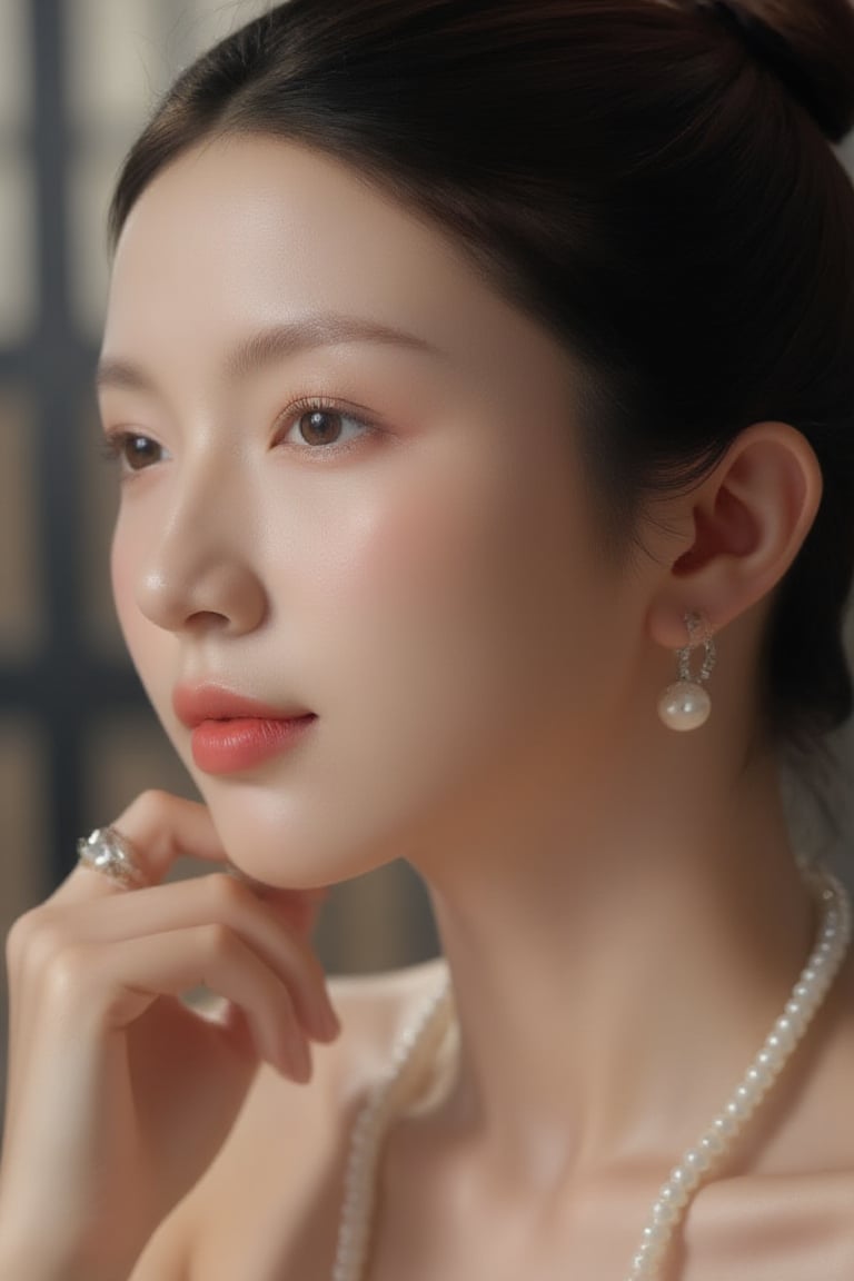 A young Asian woman's face fills the frame, captured in an intimate close-up. Her smooth skin glows against the blurred background. A white strapless dress hugs her curves, accentuated by delicate white pearls and a silver ring adorning her finger. Silver earrings add a touch of whimsy to her profile, as her ponytail is neatly secured. The camera lingers on the subtle curve of her smile, inviting the viewer in.