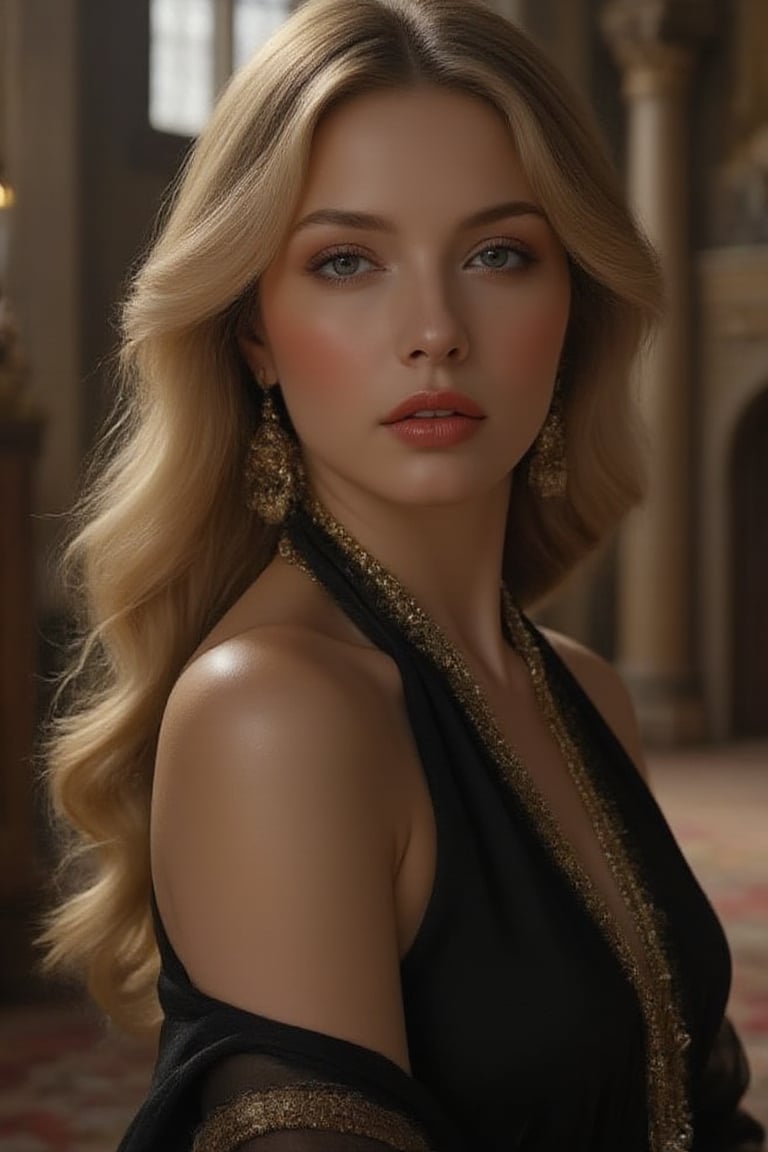 A majestic Victorian lady stands heroically in a grandiose setting, her elegant features framed against the imposing backdrop of a medieval castle. She wears an opulent black gown adorned with intricate gold trim, her long blonde hair cascading down her back like a river of sunlight. The camera captures her head and shoulders in meticulous detail, as if frozen in time. Shot in 8k resolution, this portrait is a masterpiece of elegance, featuring the finest details and textures that would make even Leonardo da Vinci proud.