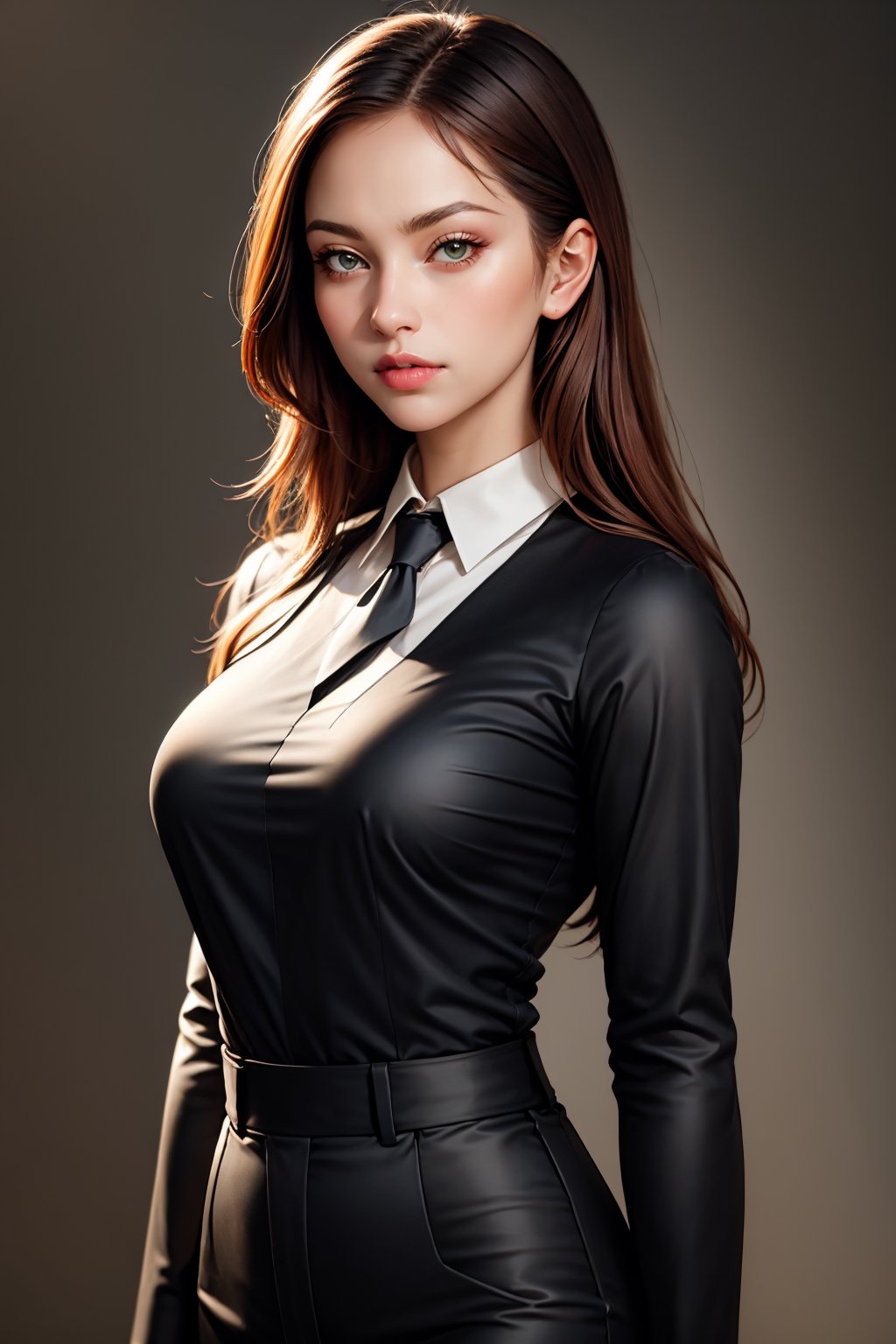 (masterpiece,  top quality,  best quality,  official art,  beautiful and aesthetic:1.2),  (1girl:1.3),  heterochromia , photorealistic,red hair, shirt, tie, black trousers,Realism,Enhance,perfect split lighting,Young beauty spirit ,Charm of beauty,Add Art more