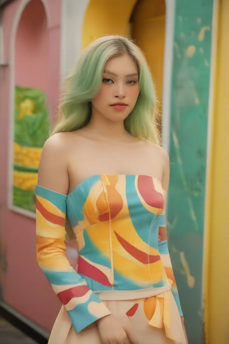 A girl has an smoothie hair , which could suggest a creative or rebellious personality. The presence of the colorful background may indicate a sense of vibrancy or action associated with the character. She wears an food inspiration outfit. The overall composition and style are indicative of a narrative-driven genre such as comics or graphic novels.,Pho