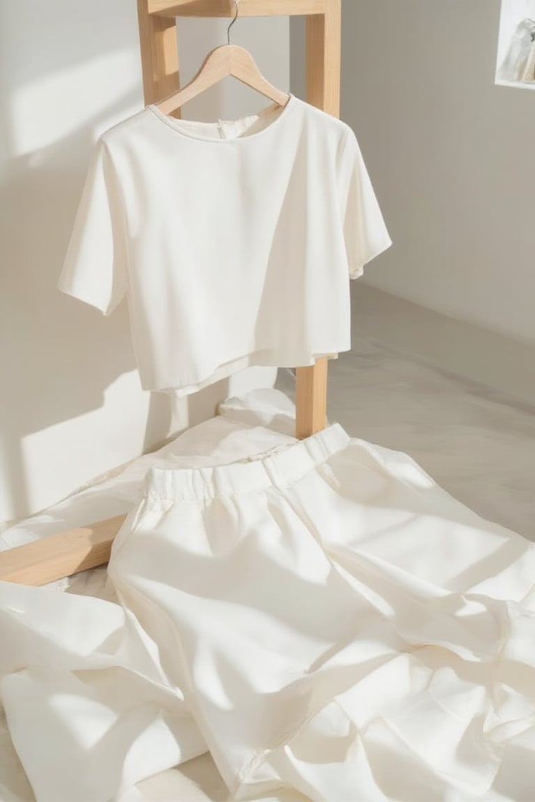 A pristine white cropped shirt with a smooth, silky texture, paired with matching white shorts, both garments reflecting a soft, ambient light. The fabric is unblemished, with a subtle sheen that catches the light, creating gentle highlights and shadows. The ensemble is arranged on a wooden hanger, the natural grain of the wood contrasting with the purity of the white fabric. The setting is a sunlit indoor room, with rays of light filtering through a nearby window, casting delicate patterns on the floor and the garments. The overall composition is minimalistic and serene, with a photorealistic style that emphasizes the simplicity and elegance of the white ensemble.