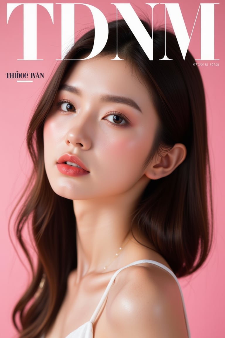 A stunning magazine cover featuring a young woman of Hanoi descent, posing elegantly with natural straight brown wavy long hair framing her beautiful and clean face. Her piercing black eyes sparkle under smokey eye makeup, amidst digital distortion and visual chaos. The background is a pastel pink hue, while the title TDNM in white letters with a black border adds a touch of modern sophistication.