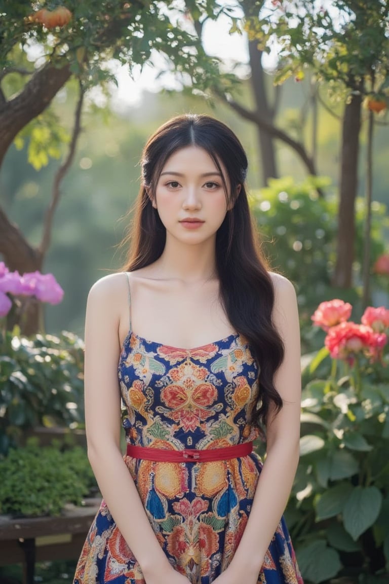 portrait of an inquisitive young girl with a vibrant, multi-hued hairdo and an elaborate dress embellished with intricate motifs fusing Art Nouveau and Japanese woodblock print aesthetics. From an imaginative aerial viewpoint, she stands at the juncture of two distinct realms: one teeming with verdant forests and tranquil streams, the other replete with futuristic metropolises and shimmering holographic projections. This mesmerizing amalgamation evokes a spellbinding ambiance that encapsulates her distinctive essence and boundless curiosity, sparking a sense of awe and fascination in viewers.