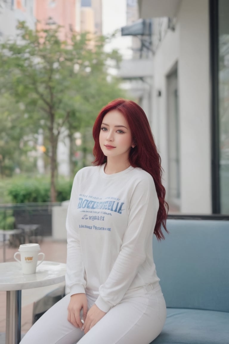 Full body photograph of a girl, 20 years old, red hair, green eyes, long hair, blue t-shirt, white jacket, white jeans, blue sneakers, beautiful silver earrings, very beautiful, beautiful, sensual girl. Elegant, sitting, (((drinking a coffee inside a hotel))), in front of a window, in New York, photo realistic, RAW photo, HDR, UHD, 64 k, dynamic agle, cinematic, shap focus, insane details, highly detailed, masterpice,Perfect skin,Wonder of Beauty,Long Legs and Hot Body,Melody