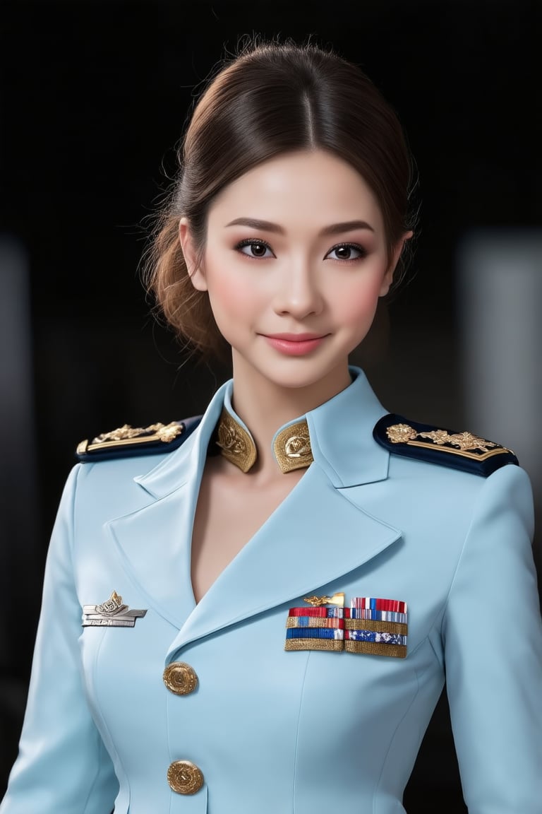 The image depicts a portrait of a young hottest de l'air with stylized features. she is elegant, emotive faces, smile,  bun hair. Her outfits is flight uniform. Image all are in high resolution. The background is blurred with hints of dark tones, which serve to highlight the subject without distracting and makeup.,Elite beauty