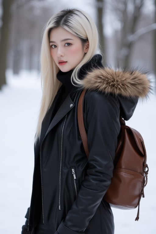 Captured at eye-level, a blonde woman stands in a winter scene, her hair cascades over her shoulders. She is dressed in a black leather jacket, a brown leather backpack, and black gloves. Her coat is adorned with a brown fur hood, adding a touch of warmth to her outfit. The background is blurred, creating a stark contrast to the woman's outfit.