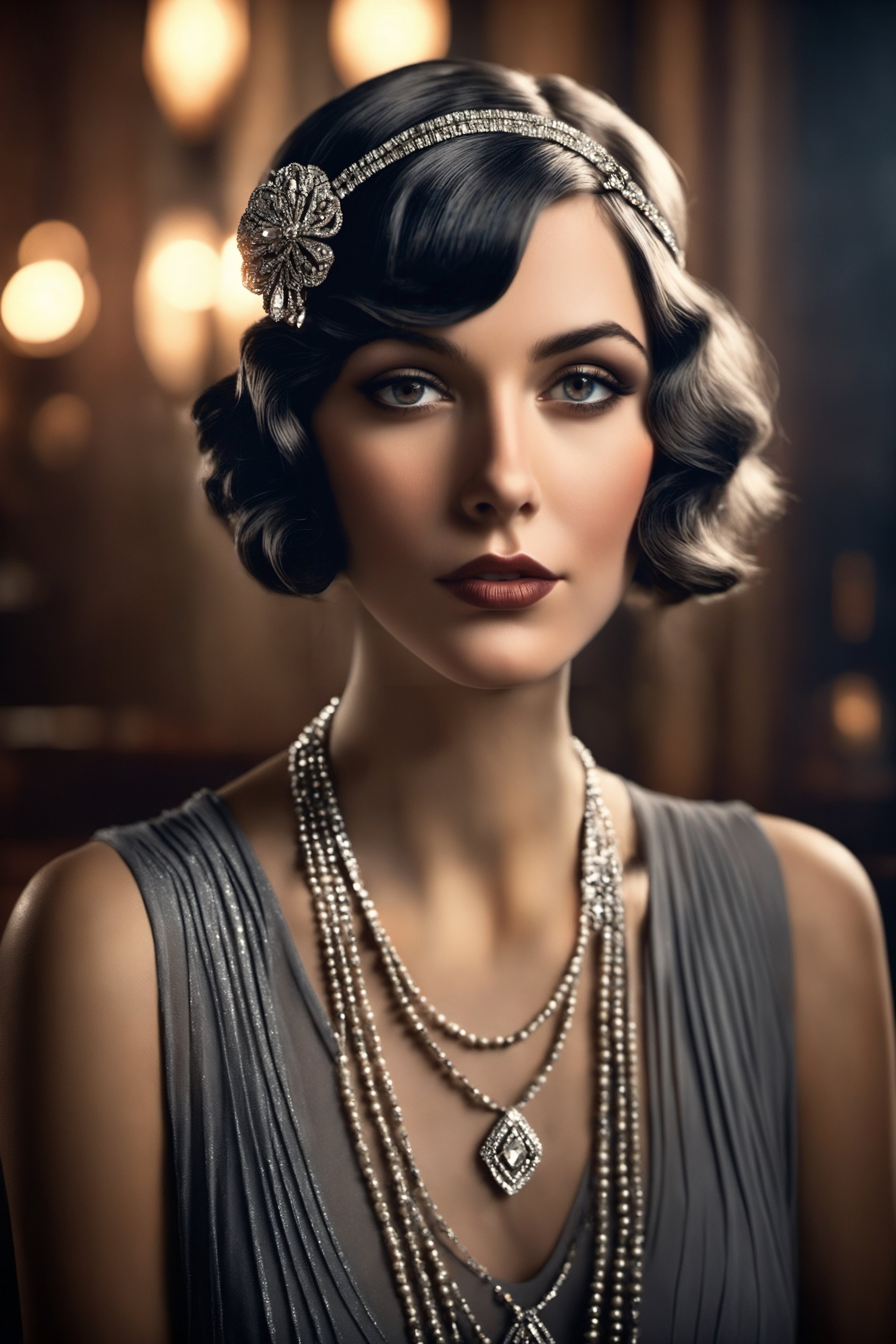 Photo realistic, mute colors, 20s style, flapper girl, art deco. cinematic lighting, smokey atmosphere, 