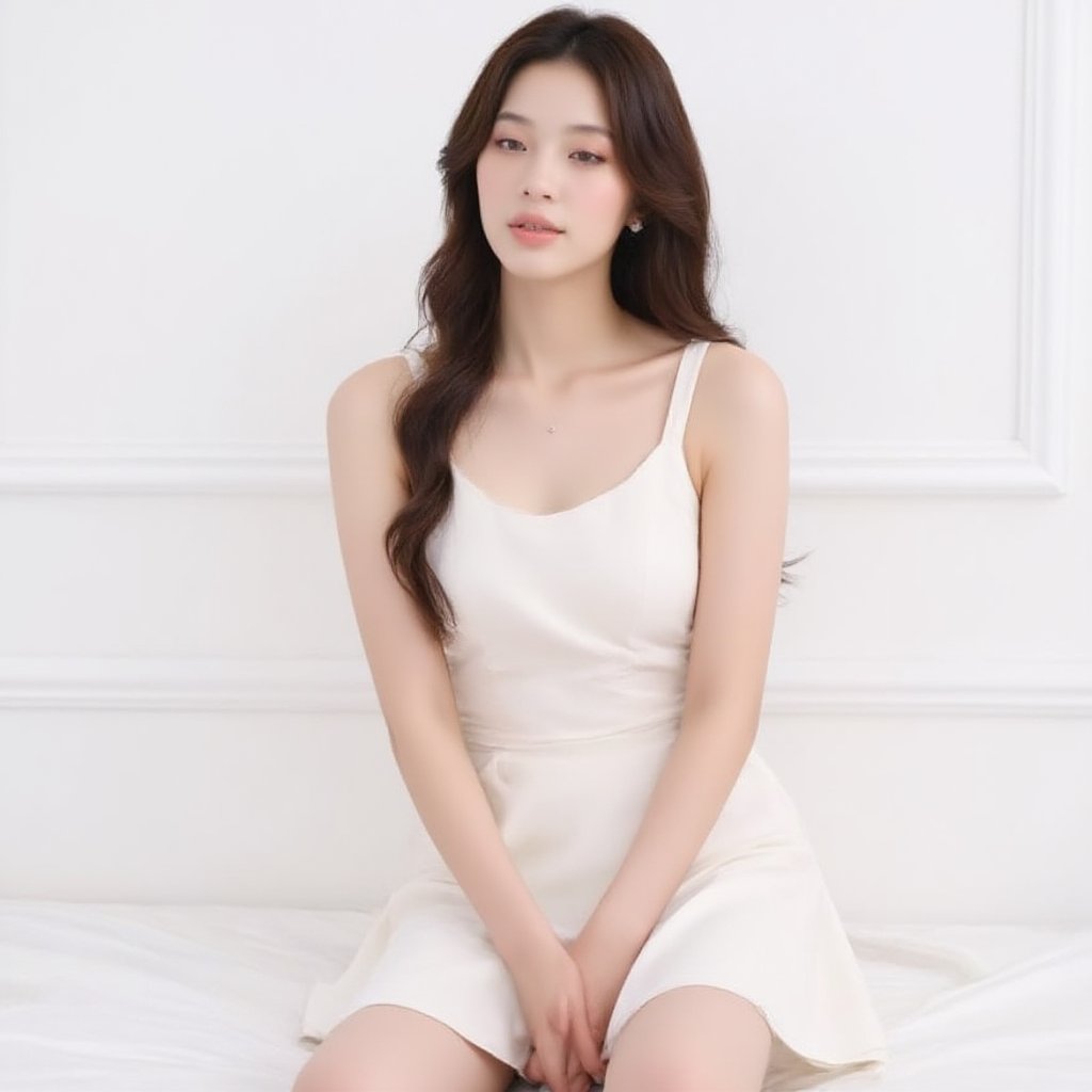 Strong focus portrait of a serene Asian woman with long brown hair, seated on a crisp white surface. She wears a sleeveless white dress that hugs her curves, her left arm resting on her hip and right arm draped over her shoulder. Her eyes are closed, lips slightly parted in a subtle smile. The stark white backdrop creates a striking contrast to the woman's attire, drawing attention to her peaceful expression.,High school,Teenager