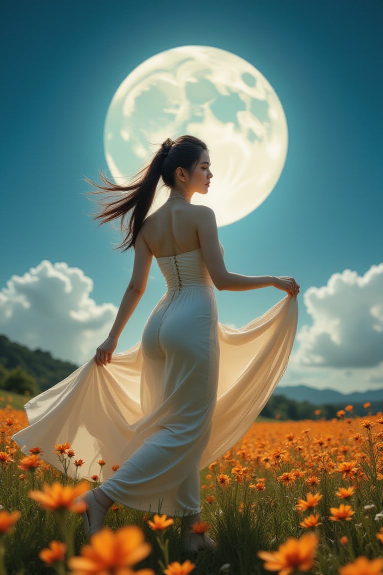 A serene maiden glides across the velvety grass under the radiant full moon, her long hair flowing like golden silk in the gentle breeze. The Phoenician-inspired hues of orange and azure envelop her ethereal form, as if infused with the essence of flowers. In a moment of lyrical movement, she seems to dance upon the fabric of the landscape, her steps weaving a tapestry of pictorial beauty.