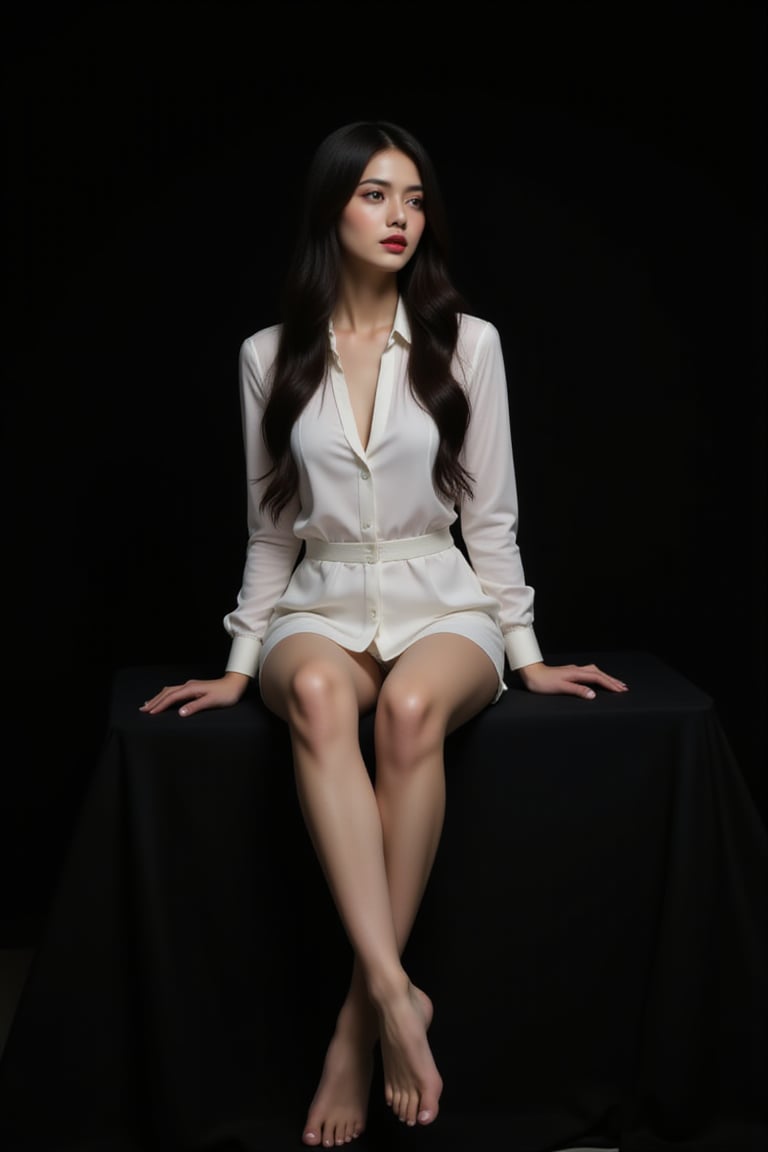 A striking image: a woman with long dark brown hair sits majestically on a sleek black surface, her legs crossed and hands resting delicately on either side of her body. Her porcelain skin is set off by the vibrant red hue of her lips, while the stark contrast between her white shirt and the all-black background creates an air of sophistication and elegance.