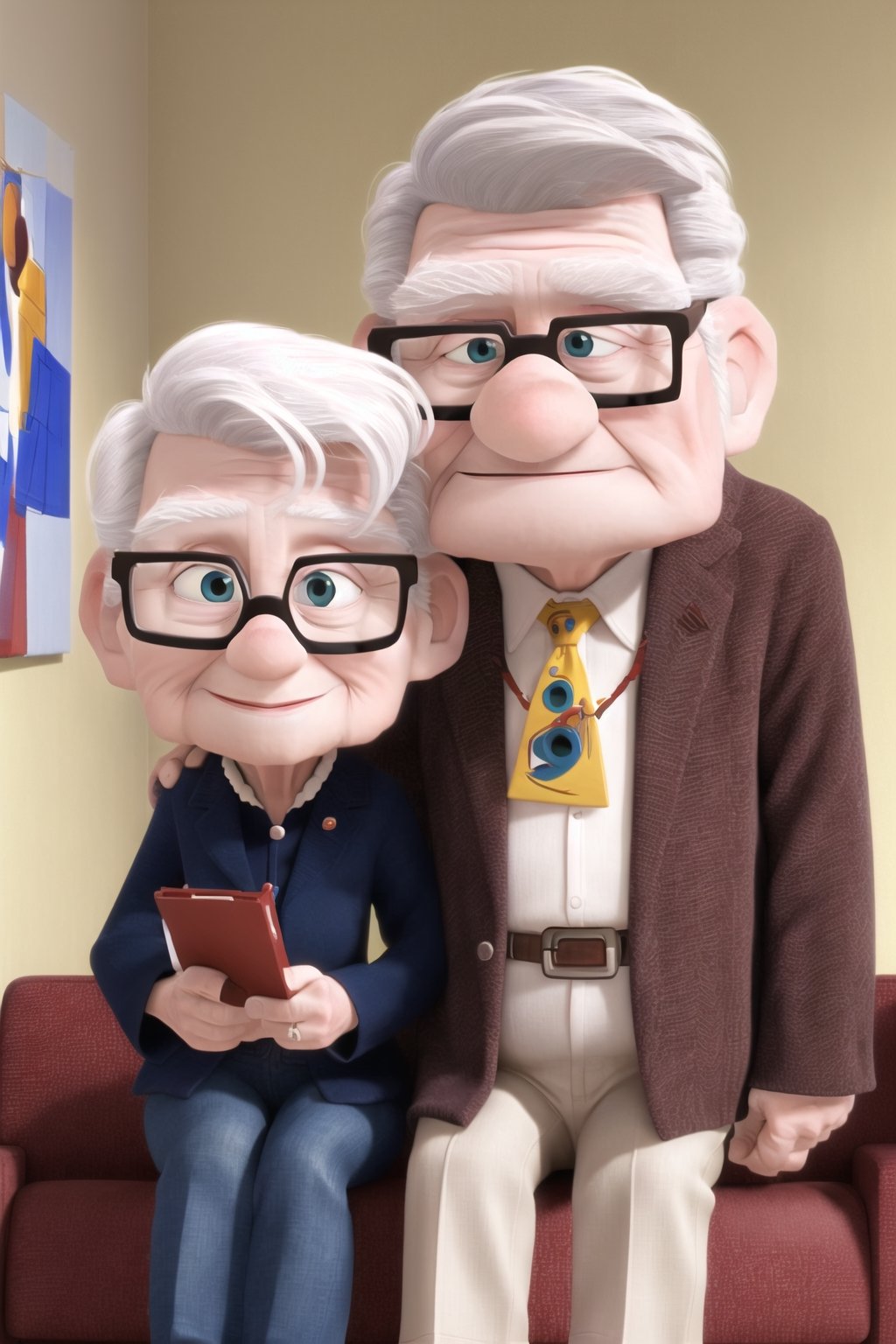  (((masterpiece))),best quality, they are (husband and wife). They are talking when sitting on the sofa. 
Husband: about 65yo, wear glasses, white hair
Wife: 62yo,, brown hair, doesn't wear glasses.
,Pixar Up 2009 style,Wonder of Art and Beauty,old_aged Pixar Up 2009 style