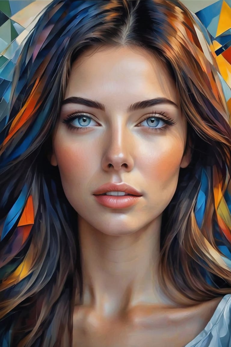 portrait of the face of a young woman, oil painting, cubist style, colorful abstract background, mixed technique, hyperrealistic touch of color, very detailed, colorful and abstract, pictorial work of art, a lot of dynamics in the details, extremely detailed