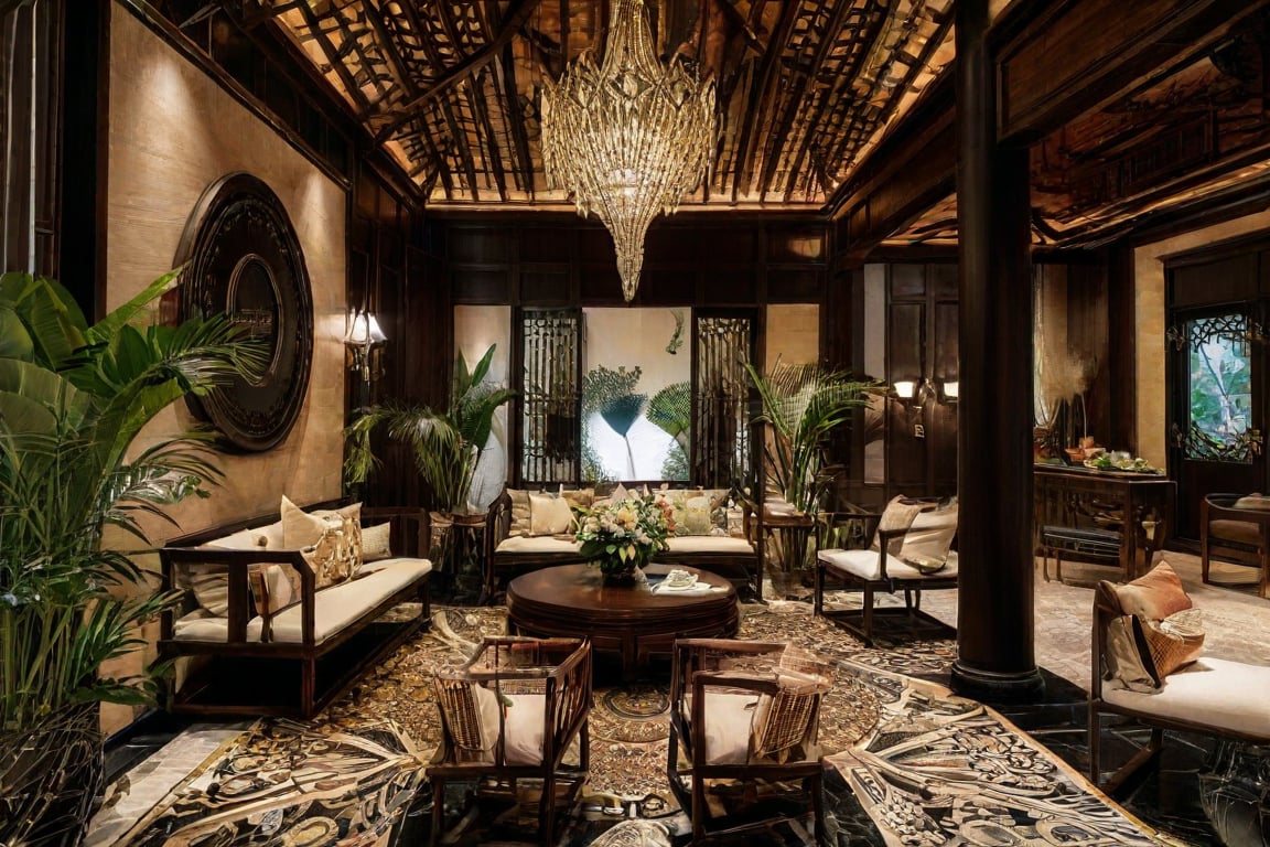 Create an image of an opulent Indochina resort showcasing an awe-inspiring interior design. The scene captures a spacious, open-concept lobby with high ceilings, adorned with intricate wood carvings and traditional silk fabrics. The lighting is soft and warm, highlighting the luxurious textures and vibrant colors of the decor. The composition includes elegant furniture pieces, lush tropical plants, and a grand chandelier. The overall atmosphere exudes a blend of modern luxury and traditional Indochinese charm, inviting viewers to experience the resort's captivating ambiance.