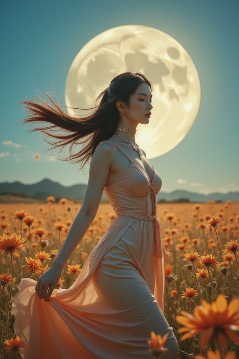 A serene maiden glides across the velvety grass under the radiant full moon, her long hair flowing like golden silk in the gentle breeze. The Phoenician-inspired hues of orange and azure envelop her ethereal form, as if infused with the essence of flowers. In a moment of lyrical movement, she seems to dance upon the fabric of the landscape, her steps weaving a tapestry of pictorial beauty.