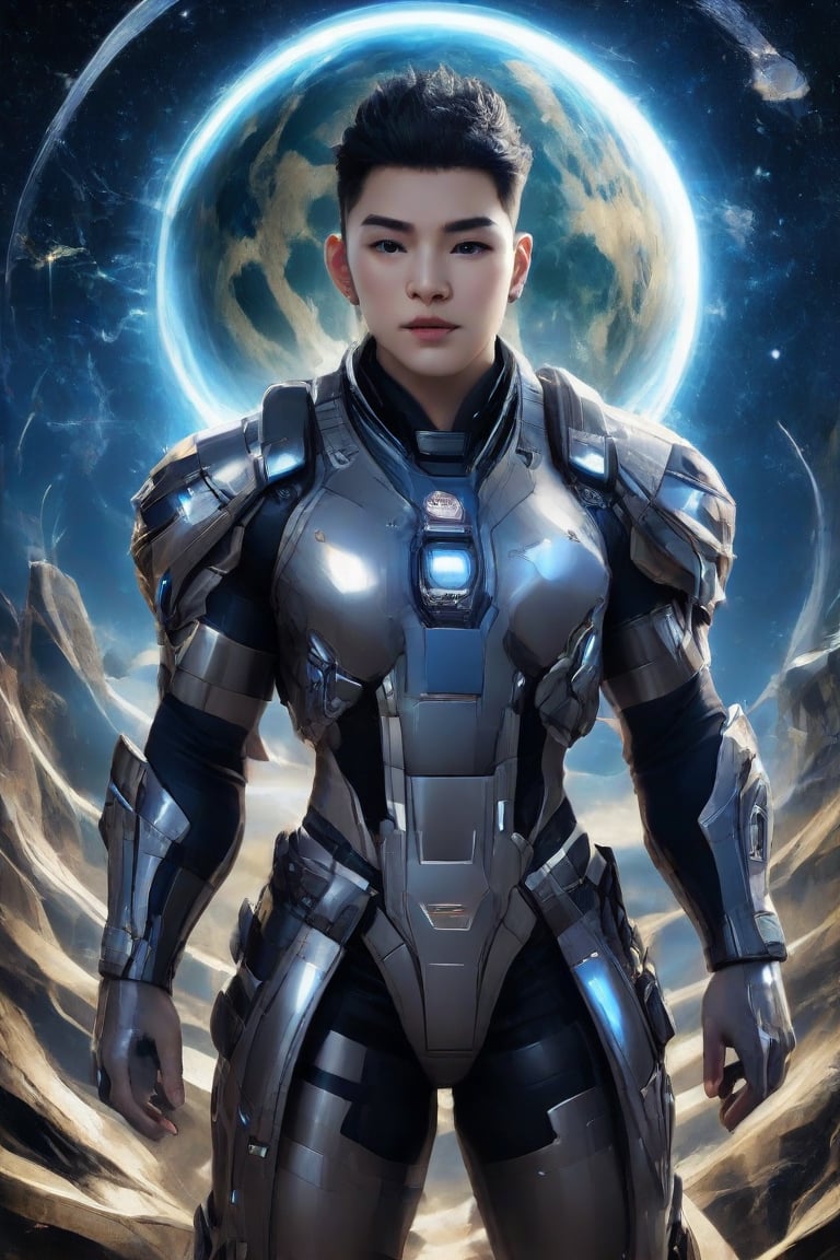 A dynamic image of a warrior from the galaxy, dressed in futuristic combat attire. The warrior stands poised in a ready stance, with advanced weaponry and armor reflecting a mix of traditional and high-tech elements. The scene is set in a dramatic lighting environment, emphasizing the sleek lines and metallic textures of the battle gear. The composition captures the warrior's intense gaze and the fluid motion of their posture, set against a backdrop of a star-filled cosmos, highlighting the otherworldly nature of their mission.,Supreme,portrait sticker