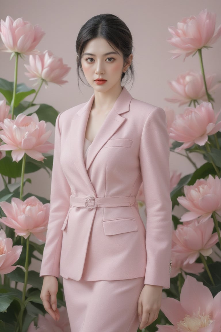 A statuesque figure stands tall amidst a serene backdrop of pink lotuses, bathed in soft, cool-toned light that highlights vibrant hues and tactile textures. The subject confidently poses with sharp lines and defined curves, its high-definition skin texture seemingly within reach, as the isometric composition guides the viewer's gaze to trendy fashion elements harmoniously aligned, frozen in a moment of artful stillness.,Perfect fashion