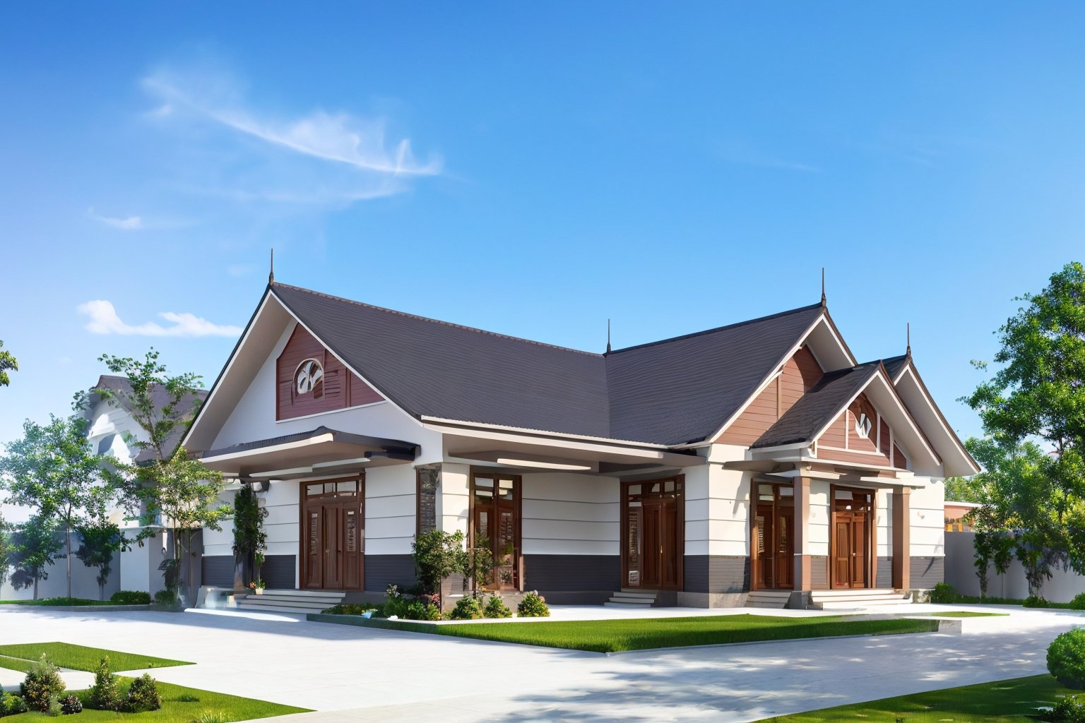(Masterpiece,  high-quality, raw photo, ),  1 beautiful villa,  Thai style roof,  full HD,  8k,,,Thai style roof,dvarchmodern,Wonder of Art and Beauty