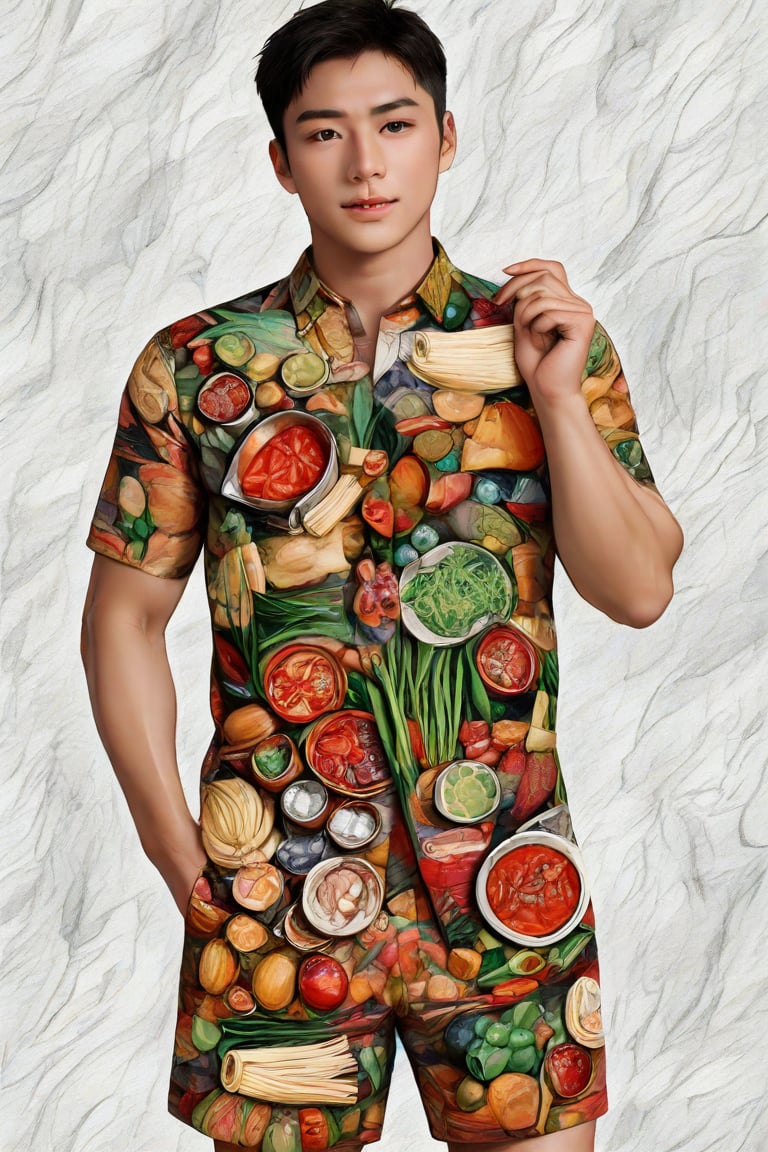 The image is a digital illustration featuring a male figure standing against a textured white background. The figure is depicted in a relaxed pose with one hand slightly touching the front of his outfit. His attire consists of a unique shirt and shorts that are patterned with various food items, including noodles, vegetables, and meats, suggesting a culinary theme. The colors in the pattern are vibrant, with reds, greens, and browns prominently featured. The illustration style is detailed, with clear outlines and shading that give depth to the design. There is no additional context provided beyond the figure and his attire.,Truly Asian Beauty,Enhanced Realistic