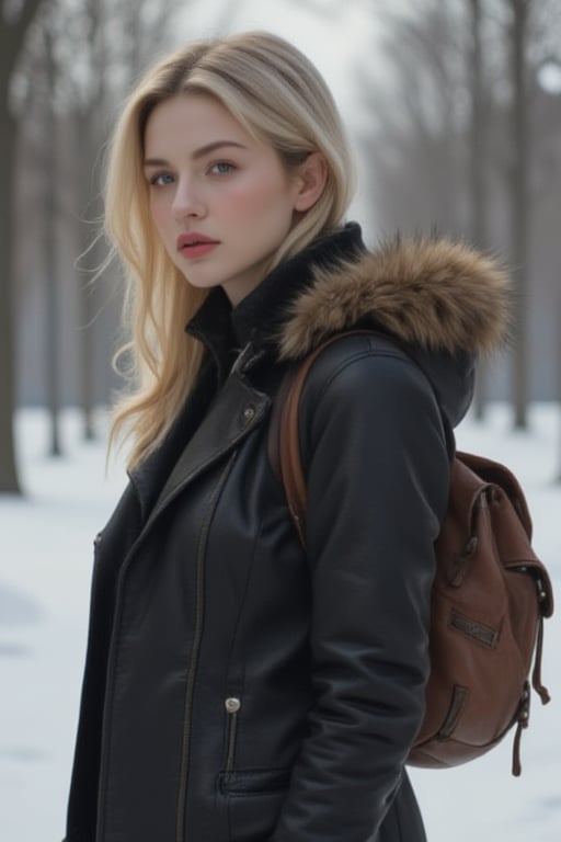 Captured at eye-level, a blonde woman stands in a winter scene, her hair cascades over her shoulders. She is dressed in a black leather jacket, a brown leather backpack, and black gloves. Her coat is adorned with a brown fur hood, adding a touch of warmth to her outfit. The background is blurred, creating a stark contrast to the woman's outfit.