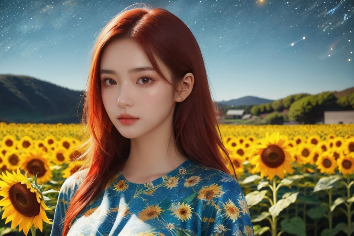 Beautiful woman, red hair, sunflower field, amber eyes, 8k, best quality, (van gogh, starry night background), detailed hair, detailed eyes