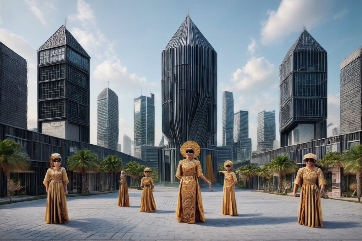 mage of a futuristic city with buildings designed based on traditional African architecture, covered with high-tech lines and natural elements. People in the image may be wearing costumes inspired by ancient African fashion but combined with modern equipment such as virtual reality glasses or technological devices.,Perfect Architecture