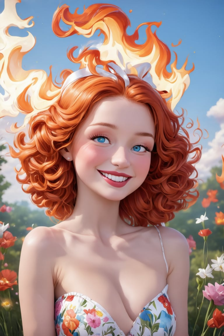 Conrad Rosset's whimsical portrait of a 17-year-old redhead: A bright-eyed beauty with a captivating smile and sparkling blue eyes, framed by a tumble of curly locks tied with a white ribbon. Her hair, ablaze with vibrant hues of red, orange, and pink, appears to be set aflame, as if infused with the fiery spirit within. She winks knowingly at the viewer, her lips curled upward in a mischievous grin, all beneath a warm, golden light.