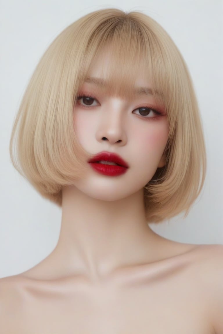 ((masterpiece, best quality, absurdities, (absurdresolution), high resolution, ultra detailed, high resolution, very fine 8KCG wallpapers)), shaded, crimson, wet lips, sensual face, realistic retinas, straight hair, Bob cut , blonde,Asian Best Face Ever