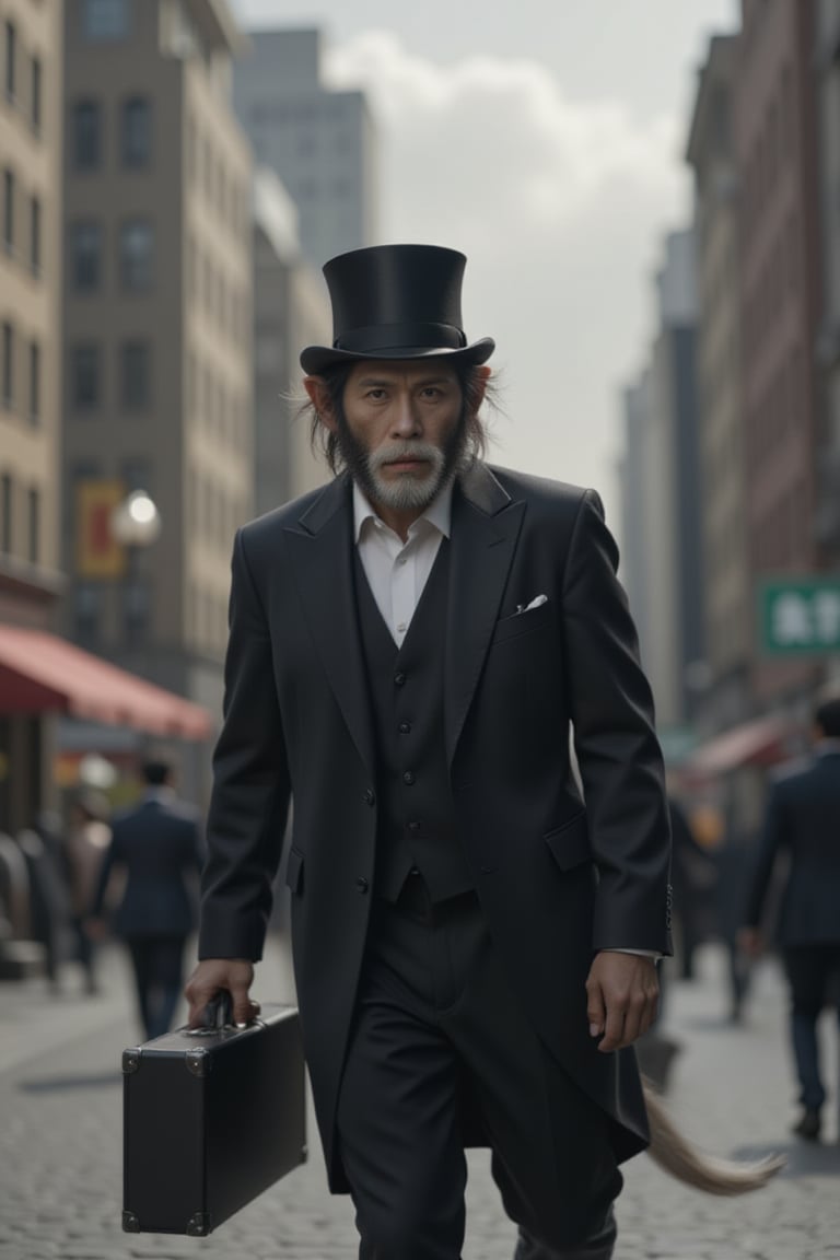 High resolution, full detailed, better image quality,16k, ultrara definition,ultra-realistic,

Believe me a monkey, with suit form, with a top hat, and a suitcase in hand, walking in the city 