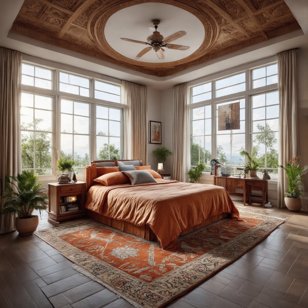 As the camera pans across this majestic bedroom sanctuary, it captures the grandeur of dark wood furniture and rich woodwork on the ceiling, drawing attention to the lavish area rug with intricate patterns. The plush bed, swathed in a vibrant orange throw blanket and pillows, serves as a cozy oasis. Floor-to-ceiling windows frame the lush surroundings, bathing the room in soft natural light that highlights potted plants and artwork scattered throughout the space.