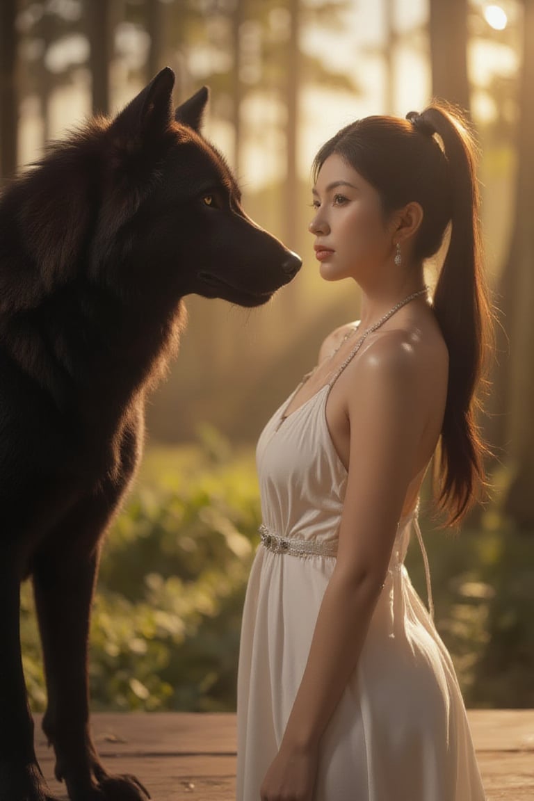 (masterpiece), (best quality),(ultra-detailed),(illustration),(extremely detailed),(perfect anatomy),(super detailed skin). A striking illustration of a wild wolf, its eyes locked on a beautiful, curvy woman who exudes confidence and allure. The woman, wearing a flowing white dress, stands tall and unperturbed, her body language asserting dominance over the wolf. The background is a lush forest, with a golden sunset casting warm hues over the scene. The illustration captures a powerful dynamic between the wild and the captivating, with an intriguing twist on the traditional hunter-prey dynamic., illustration