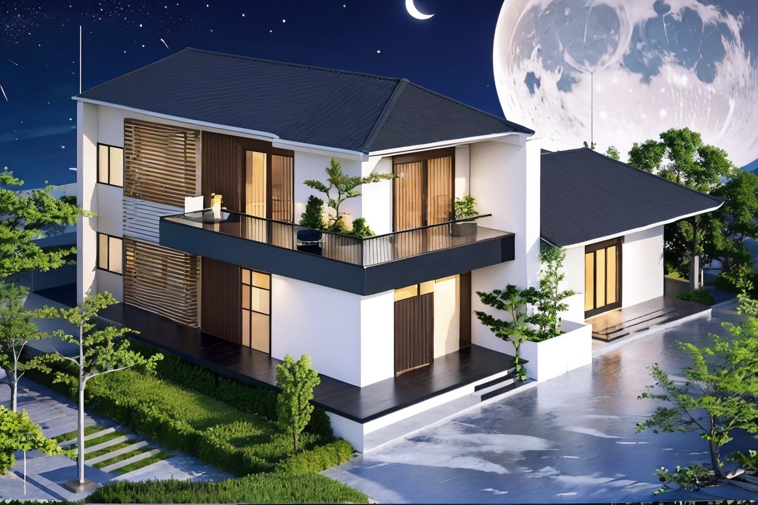 A beautiful and modern , japanese roof style, in a beautiful place at the center of city,Thai style roof, night time, dark sky with moon and stars