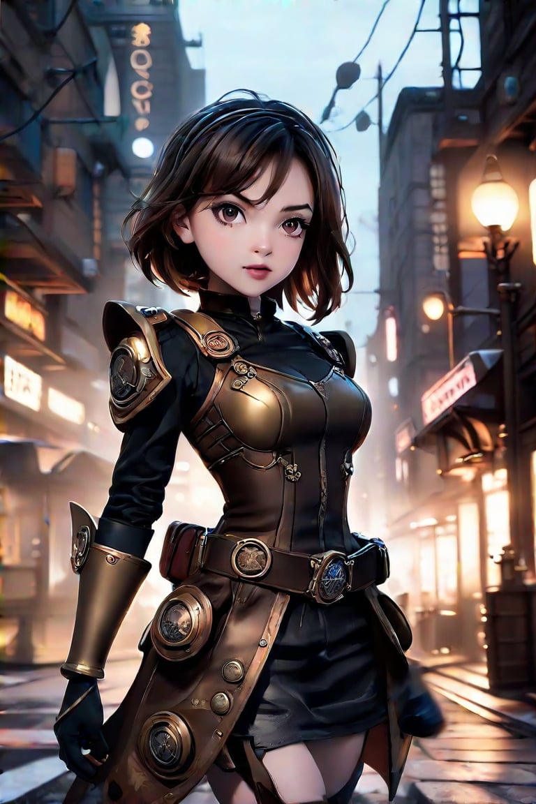 (ethereal dark fairy tale by Tim Sale), young anime girl steampunk, fight stance in a steampunk city, steampunk outfit, (dark + gothic, + foreboding background:1.4), more detail XL,Cartoon,Enhance,pixar style