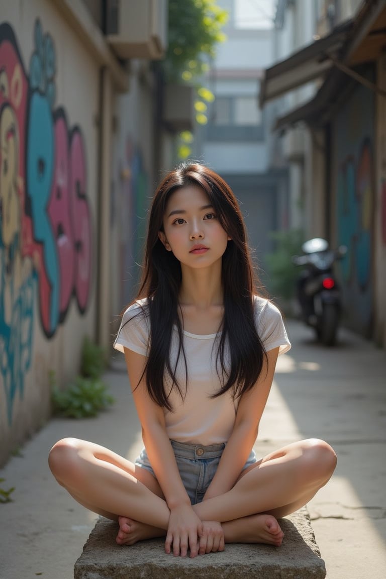 A Vietnamese young girl, with long black hair and bright brown eyes, sits cross-legged on a worn stone bench, surrounded by vibrant graffiti-adorned walls of a bustling city alleyway. Soft morning light casts a warm glow on her gentle features, highlighting the subtle texture of her skin as she gazes out at the urban landscape, the concrete jungle's chaotic energy contrasting with her serene contemplation. Her quiet confidence and introspective expression convey a sense of resilience and hope in the midst of uncertainty, her delicate profile set against a kaleidoscope of colors and artistic expressions, embodying the duality of life's beauty and struggle.