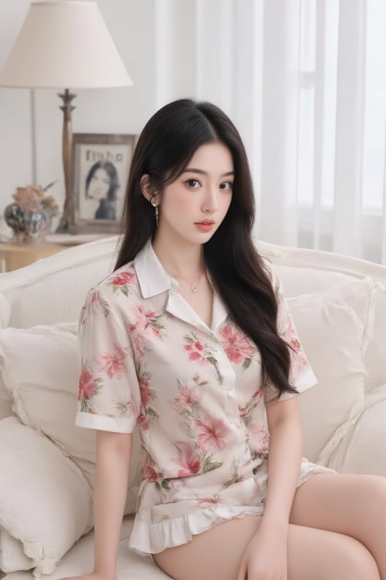 A serene woman sits elegantly on a plush white sofa, her dark hair flowing like silk over her shoulders. She wears a flowery shirt with a crisp white collar and delicate necklace. Her left hand rests on her hip, grounding her posture. The sofa's ruffles add tactile interest to the composition. Against the stark white backdrop, vertical blinds conceal the window, while a lamp shade and black-and-white photograph create visual intrigue beside her.