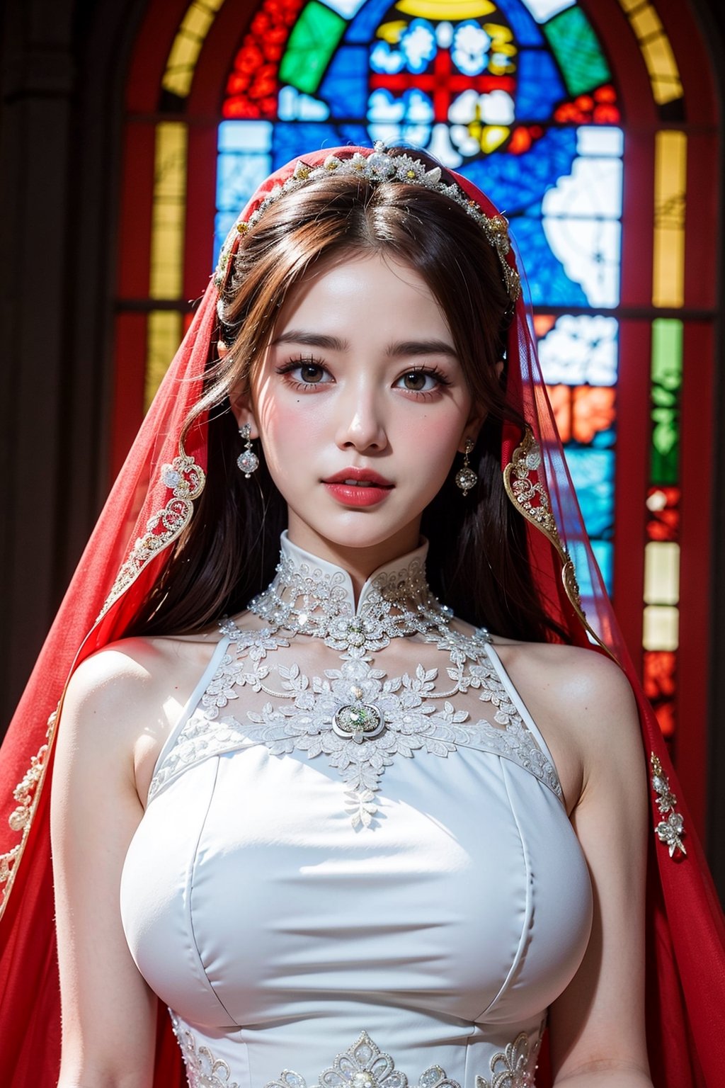 masterpiece,1girl,(mature female:0.5),tall body,golden proportions,(Kpop idol),(shiny skin:1.2),(oil skin:1.1),(Eyes looking into the camera:1.2),makeup,(close up),(church background),depth of field,(closed mouth:0.5),((long wavy brown hair)),(puffy eyes),(eyelashes:1.1),(parted lips:1.1),red lipstick,fantasy art style,dreamy light,(high neck red wedding dress:1.59),(long wedding dress:1.39),(lace:1.3)perfect body,(dreamy veil:1.3),(dusk:1.2),princess shoes,(diamond necklace),(crystal hairpin),tyndall effect,highres,(church:1.3),(big breasts:1.86),(The sun shines through the church window:1.36),Enhance