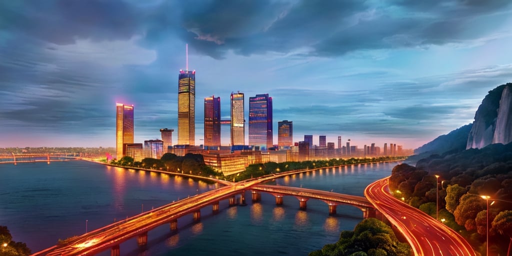 (art by wlop and greg rutkowski and artgerm, trending on artstation), A Hanoi modern city, viewed from above, dazzles with a mesmerizing tapestry of towering skyscrapers, glistening with city lights. Busy streets, wind through the urban landscape, Traffic flows like a circulatory system, connecting neighborhoods, and bridges span across shimmering rivers, carrying the pulse of a bustling metropolis. The city's skyline, a testament to human innovation, blends the architectural with the natural, creating a stunning mosaic of the contemporary world., 