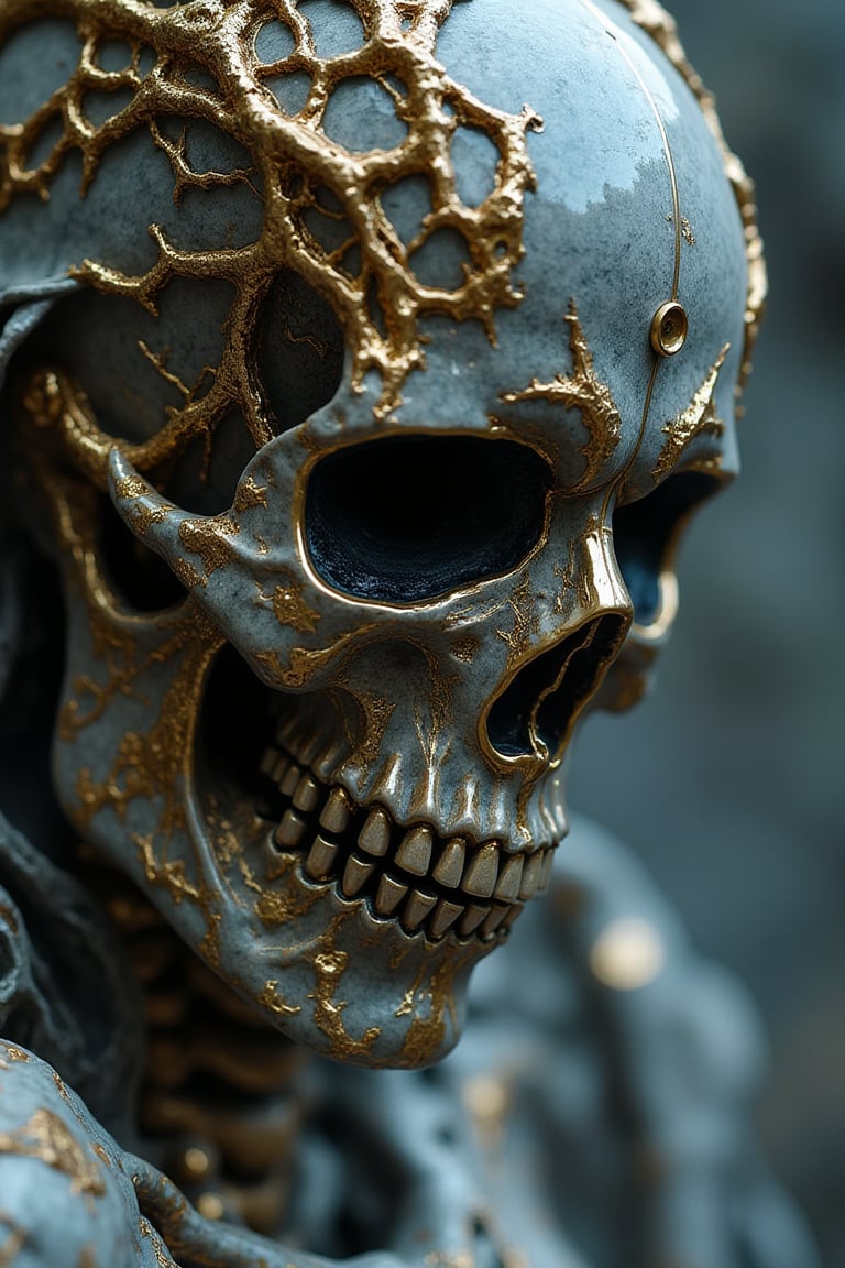 close up ultra detailed marble and gold sculpture of a female necromancer, (skeleton face), volumetric fog, hyperrealism, breathtaking, ultra realistic, ultra detailed, cyber background, cinematic lighting, highly detailed, breathtaking, photography, stunning environment, wide-angle