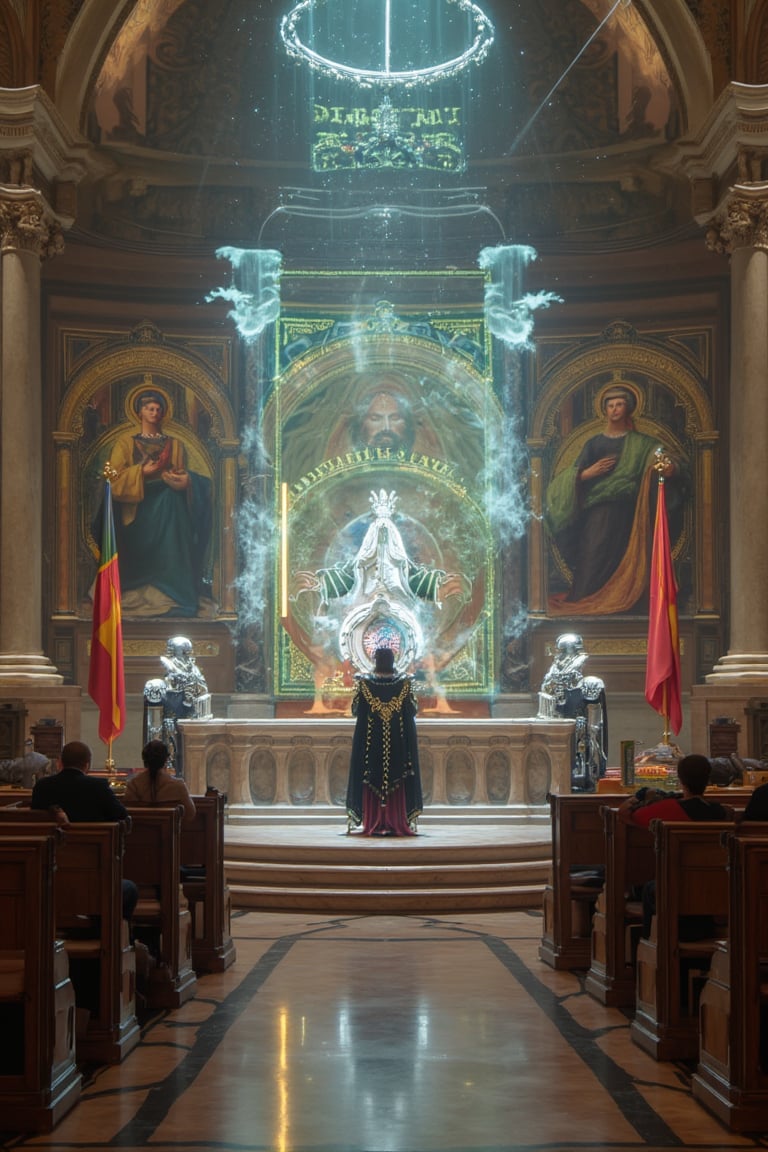 Imagine a grand courtroom set in a future where Renaissance aesthetics and advanced technology merge. The courtroom is an awe-inspiring blend of marble columns, holographic frescoes, and floating platforms that serve as witness stands. The judge is a holographic projection of a wise, ancient figure, their robes shifting colors depending on the nature of the case. The lawyers wear suits that project their arguments visually into the air, using light and sound to sway the jury, which consists of human, AI, and alien members. The defendant stands in a beam of light that highlights their emotional state, casting colors and patterns that reveal subtle truths about their testimony. Use a rich, regal palette of deep reds, blues, and golds, with cool, technological accents in silver and white. Include details like the soft hum of invisible drones recording every moment and the way the frescoes shift to depict the moral weight of the arguments. The overall atmosphere should be one of gravitas and splendor, where justice is a blend of ancient tradition and futuristic innovation.