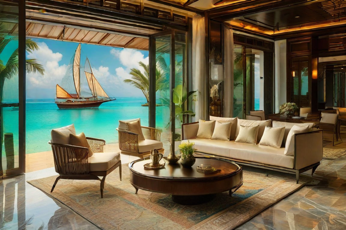 A luxurious living room, high-end resort vibes, overlooking the ocean's waves in Indochina. A sleek, modern sofa dominates the frame, positioned in front of a floor-to-ceiling window that frames the turquoise sea and sailboats drifting lazily by. Soft, golden lighting spills from above, casting a warm glow on the cream-colored walls adorned with rich wood accents. The room's centerpiece is a stunning wooden coffee table, showcasing a decorative bowl filled with exotic flowers, as two plush armchairs sit in harmony beside it.,Enhanced Realistic