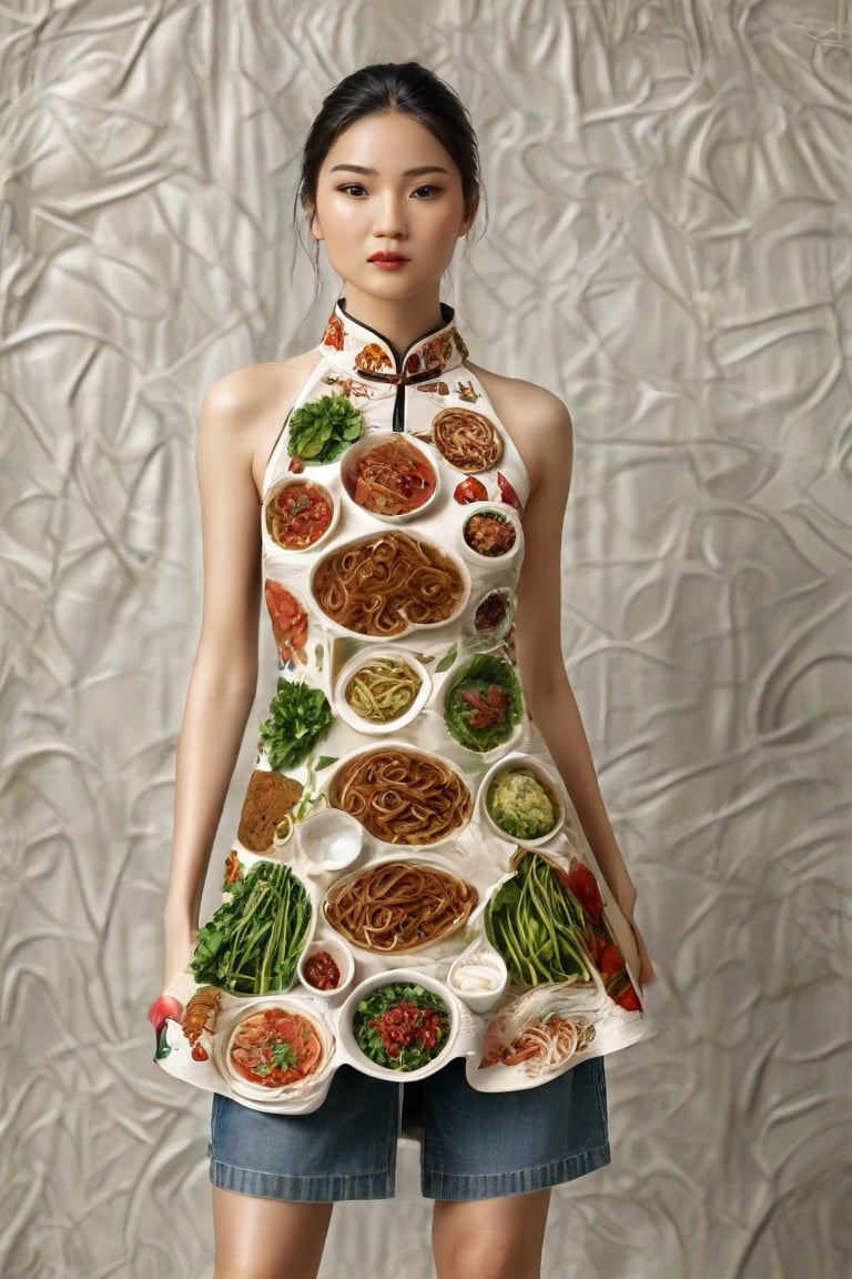 The image is an artistic representation of a female figure wearing a unique outfit. The outfit is a skirt and jeans that are designed to resemble a variety of the  Vietnamese white noodles, vegetables, meat, and sauces, arranged in a pattern that covers the entire garment. The figure is standing against a plain background with a textured appearance. Notable features include the detailed depiction of the food items on the clothing and the signature of the artist at the bottom right corner. The overall impression is one of creativity and fashion, blending the concept of clothing with culinary art.,Enhanced Realistic,Pho