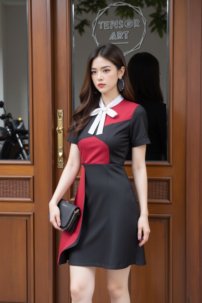 a young Asian woman stands in front of a brown wooden door, adorned with a sign that reads "TENSOR ART". She is dressed in a black mix red colored short-sleeved dress with a white ribbon tied around her neck. She is holding a black purse in her left hand, adding a pop of color to her outfit. The woman's hair is long and cascades over her shoulders, framing her face. The door is adorned with gold-colored knobs and a textured design on the left hand side. A reflection of a motorcycle can be seen on the right hand side of the door.,Perfect fashion