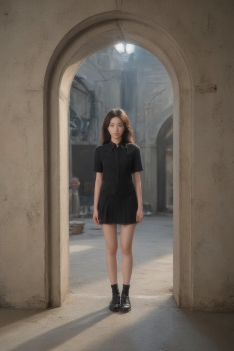 A solitary figure of a young woman stands tall amidst a backdrop of concrete brutalist architecture. Her determined expression is juxtaposed against the cold, unforgiving environment. Framed by a stark, industrial-style window, her angular features are bathed in the warm glow of late afternoon sunlight. In sharp contrast to the imposing structure's harsh lines, she exudes vulnerability and strength.,Best face ever